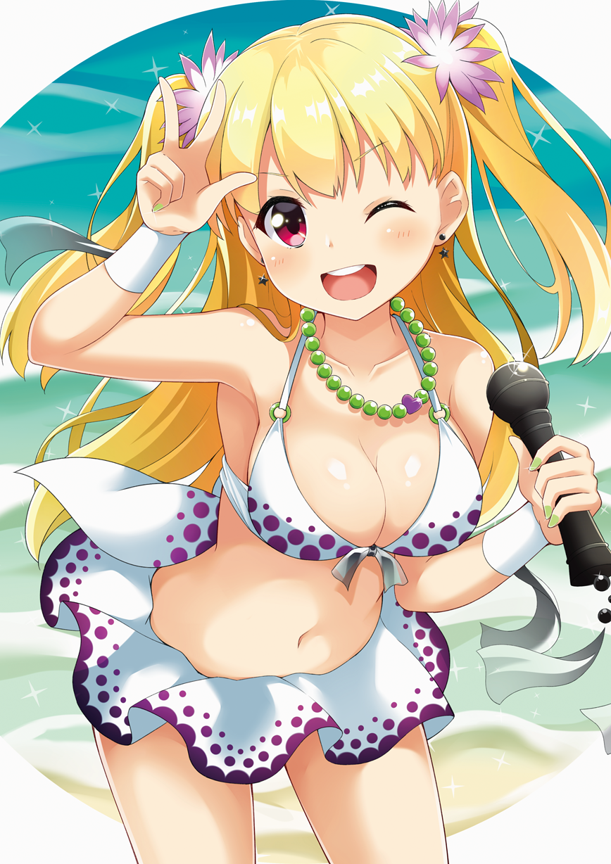 1girl ;d beach bikini blonde_hair breasts cleavage collarbone commentary_request earrings highres holding jewelry leaning_forward long_hair looking_at_viewer maccha microphone nail_polish navel necklace ocean one_eye_closed open_mouth polka_dot polka_dot_bikini red_eyes smile solo swimsuit tokyo_7th_sisters two_side_up uesugi_u_kyouko