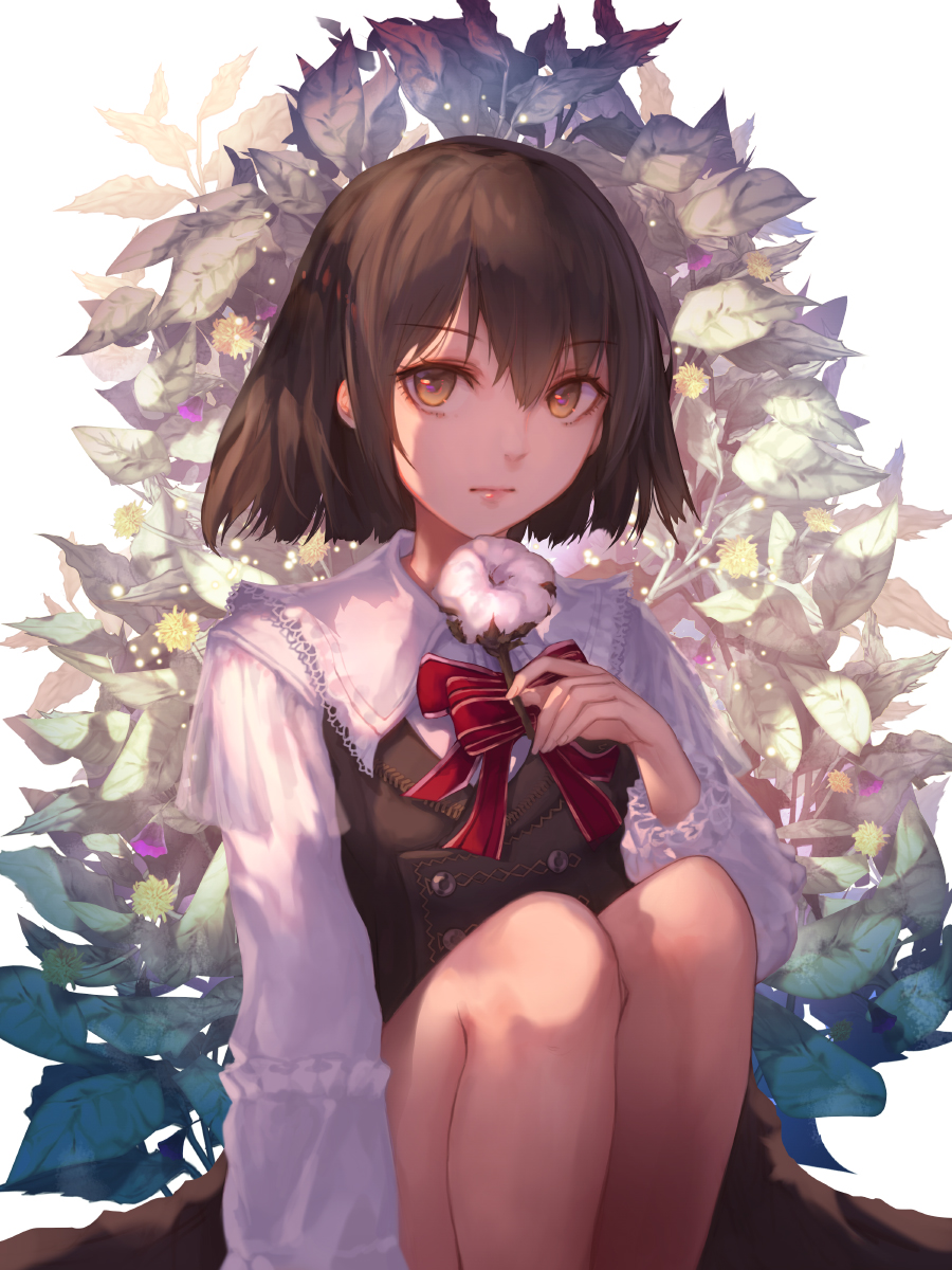 1girl blush brown_eyes brown_hair closed_mouth eyebrows_visible_through_hair flower highres holding holding_flower jname long_sleeves looking_at_viewer original short_hair solo