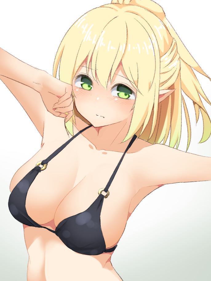 1girl alternate_costume armpits black_bikini_top blonde_hair blush breasts cleavage closed_mouth collarbone frown green_eyes hair_between_eyes half_updo long_hair looking_at_viewer medium_breasts mizuhashi_parsee outstretched_arms solo spread_arms touhou yusake_san