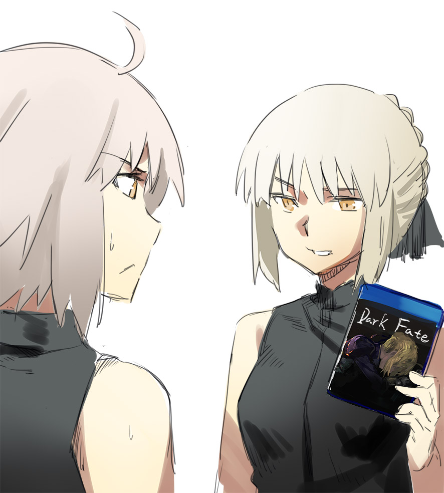 2girls ahoge artoria_pendragon_(all) bangs blonde_hair braid closed_mouth dark_souls eyebrows_visible_through_hair fate/grand_order fate_(series) french_braid grey_hair grin holding jeanne_alter looking_at_another multiple_girls nanaya_(daaijianglin) parted_lips ruler_(fate/apocrypha) saber_alter shirt sidelocks simple_background sleeveless sleeveless_shirt smile souls_(from_software) sweatdrop upper_body white_background yellow_eyes