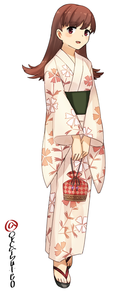 1girl bag brown_eyes brown_hair floral_print full_body japanese_clothes kantai_collection kimono long_hair looking_at_viewer obi ooi_(kantai_collection) pink_kimono sandals sash satchel simple_background solo standing twitter_username white_background yamashiki_(orca_buteo) yukata