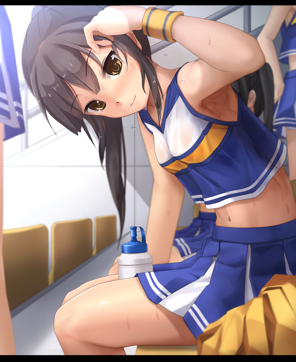 5girls armpits black_hair blurry blurry_background bottle brown_eyes cheerleader dripping eto highres long_hair looking_at_viewer midriff multiple_girls navel original pom_poms ponytail sitting solo_focus sweat sweating water_bottle