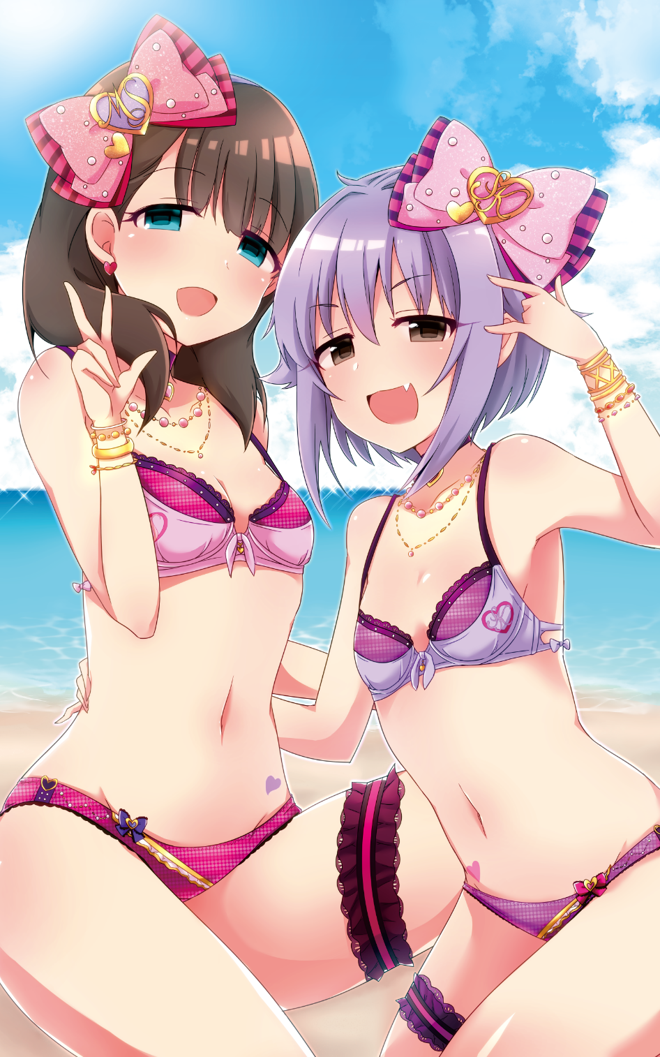 10s 2girls beach bikini blue_eyes blush bow breasts brown_hair clouds commentary_request fang garters hair_bow hair_ornament hairband hairclip hana_(tmtmrgrgtrg) highres idolmaster idolmaster_cinderella_girls jewelry koshimizu_sachiko looking_at_viewer medium_breasts multiple_girls necklace open_mouth outdoors purple_hair revision sakuma_mayu short_hair sky smile swimsuit water