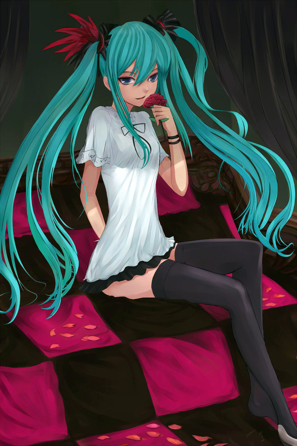 1girl ???_(artist) black_legwear blue_eyes blue_hair checkered hatsune_miku highres long_hair looking_at_viewer parted_lips short_sleeves sitting smile solo thigh-highs twintails vocaloid world_is_mine_(vocaloid)