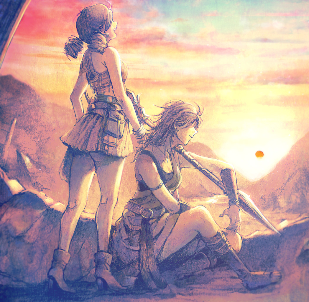 2girls armlet drill_hair final_fantasy final_fantasy_xiii high_heels monochrome multiple_girls natsu_mikan_(level9) oerba_dia_vanille oerba_yun_fang pelt sitting skirt smile staff sun sunset twin_drills twintails