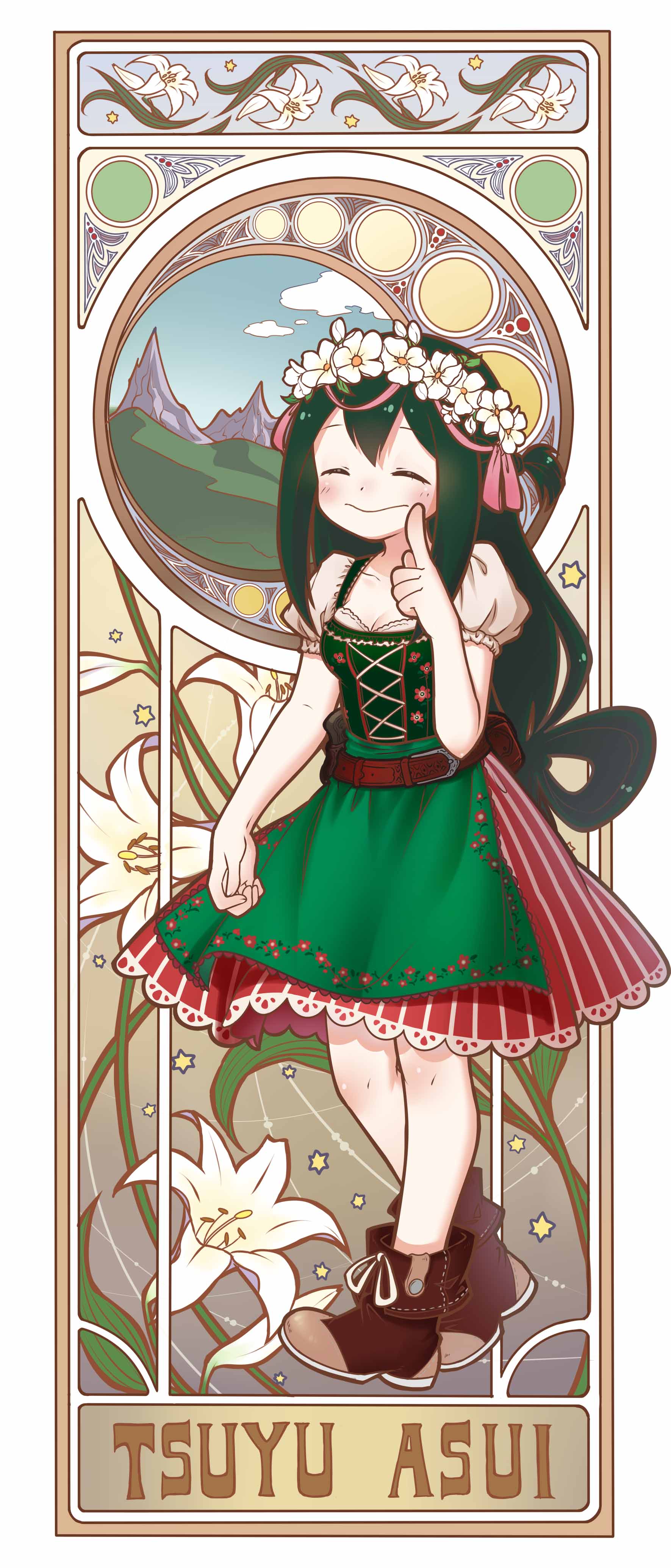 10s 1girl absurdres alternate_costume asui_tsuyu blush boku_no_hero_academia boots breasts character_name cleavage closed_eyes clouds corset dress floral_print flower flower_on_head full_body green_hair highres lilies long_hair moon mountain mowmow26 pinstripe_pattern puffy_short_sleeves puffy_sleeves short_sleeves simple_background sky smile solo star striped tarot white_background