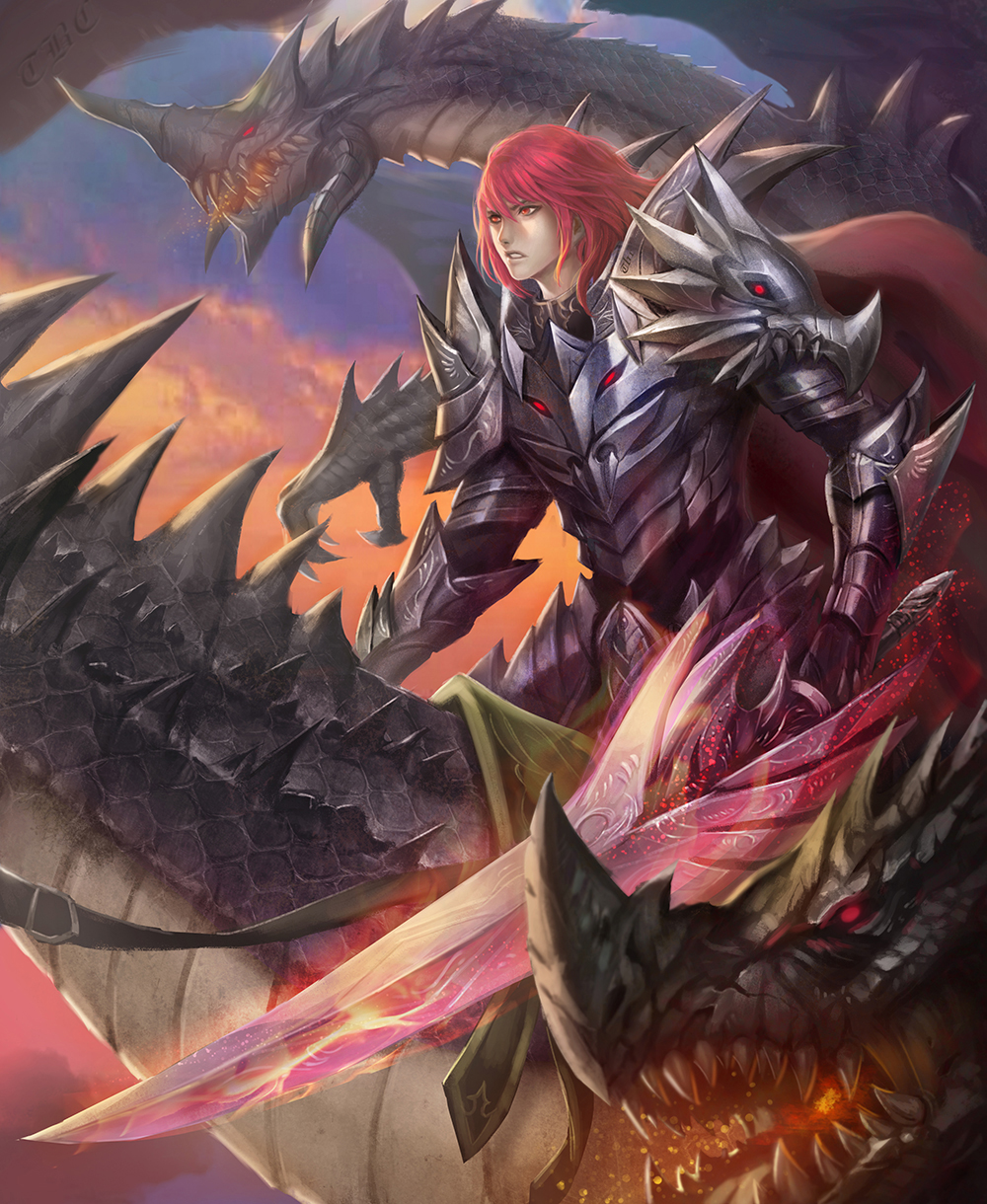 1boy aura breathing_fire cape clenched_teeth clouds commentary dragon dragon_riding fantasy fire flying highres holding holding_sword holding_weapon huge_weapon long_hair looking_afar looking_away nguyen_uy_vu original ornate_armor parted_lips pauldrons plate_armor red_cape red_eyes redhead reins riding sky sunset sword teeth weapon