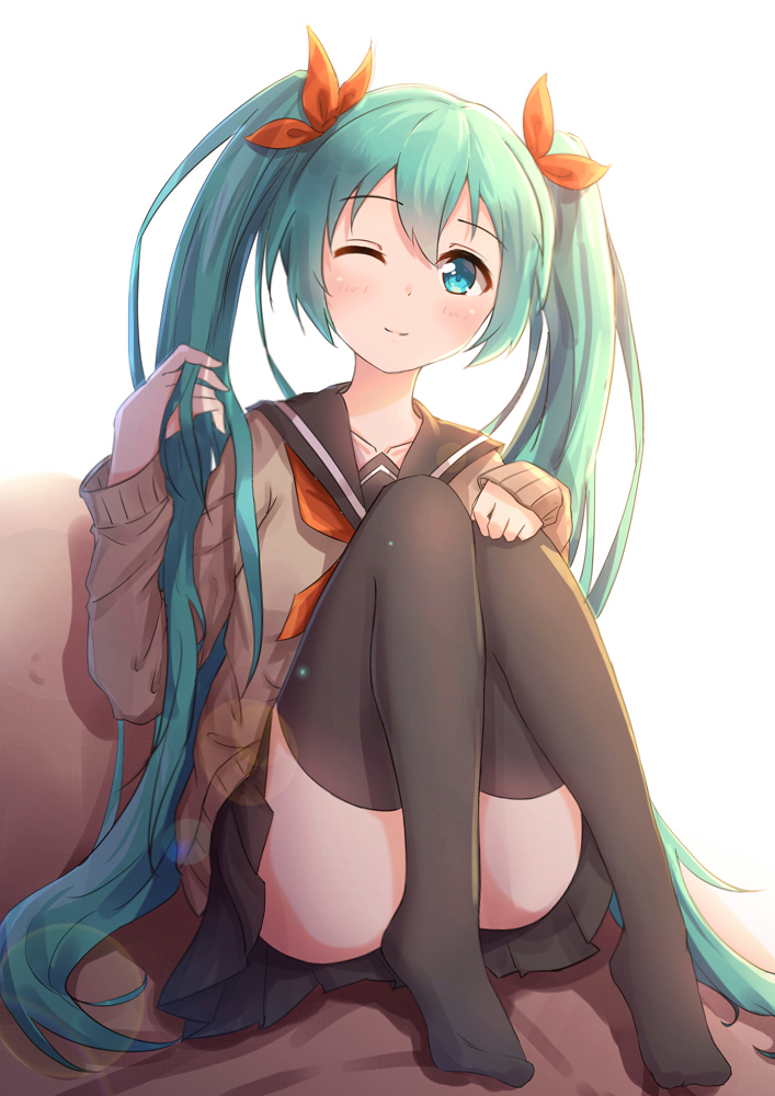 1girl aqua_eyes aqua_hair black_legwear blush byakuya_reki cardigan hair_ribbon hatsune_miku long_hair looking_at_viewer one_eye_closed revision ribbon school_uniform serafuku skirt smile solo thigh-highs twintails very_long_hair vocaloid