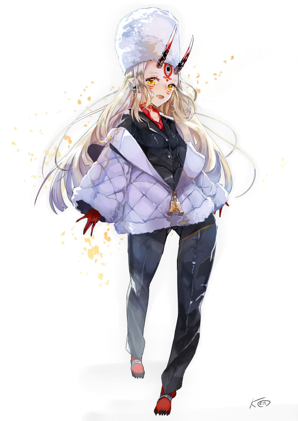 :d alternate_costume barefoot blush coat earrings facial_mark fate/grand_order fate_(series) hat highres horns ibaraki_douji_(fate/grand_order) jewelry long_hair looking_at_viewer omo_(utakatadice) oni open_mouth smile very_long_hair winter_clothes winter_coat yellow_eyes