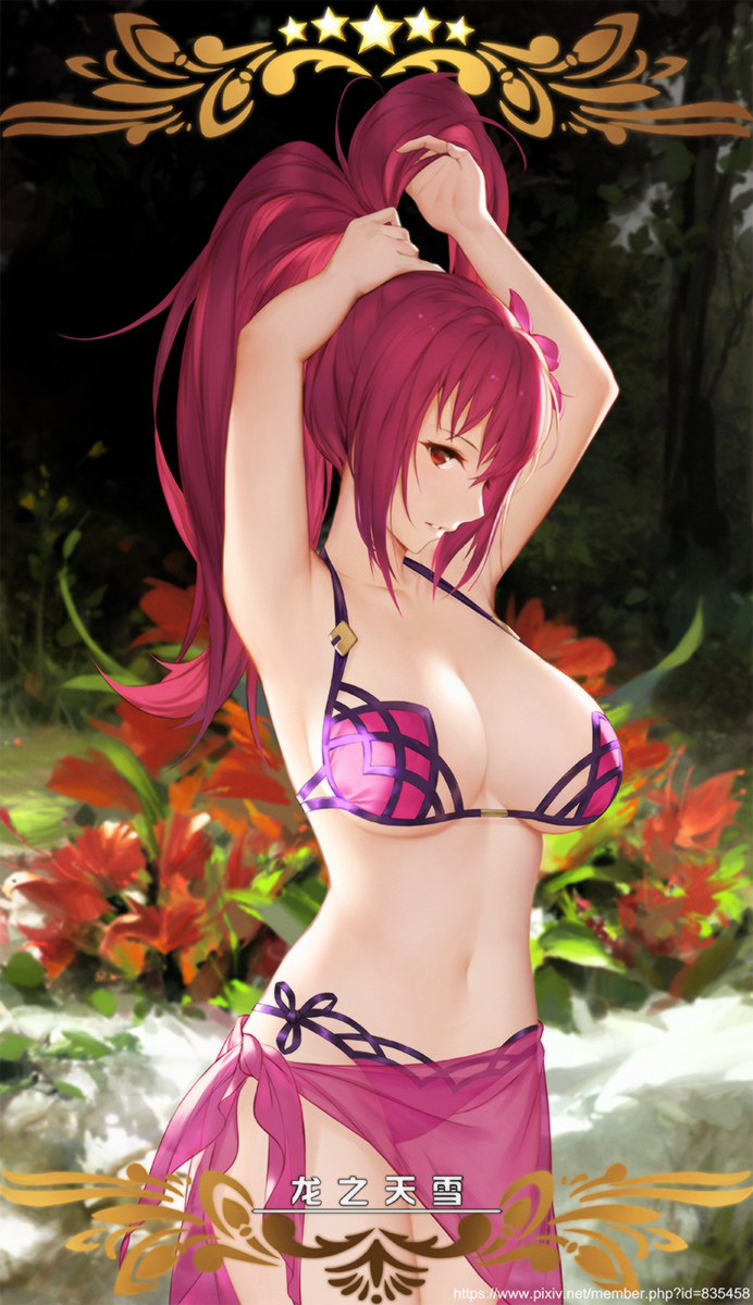 1girl armpits arms_up bare_arms bare_shoulders bikini blush breasts cangkong cleavage collarbone cowboy_shot fate/grand_order fate_(series) flower hair_flower hair_ornament highres large_breasts navel outdoors pink_bikini pink_flower pink_hair ponytail profile red_eyes red_flower ribbon sarong scathach_(fate/grand_order) scathach_(swimsuit_assassin)_(fate) see-through side-tie_bikini smile standing star stomach swimsuit tying_hair watermark web_address