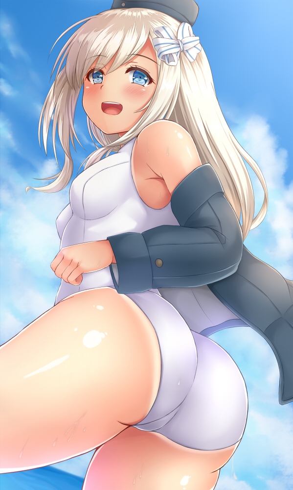 1girl ass blonde_hair blue_eyes blue_sky breasts clouds cropped_jacket day garrison_cap hair_ribbon hat kantai_collection long_hair looking_at_viewer ocean piyobomu ribbon ro-500_(kantai_collection) school_swimsuit sky small_breasts solo swimsuit tan water white_ribbon white_school_swimsuit white_swimsuit