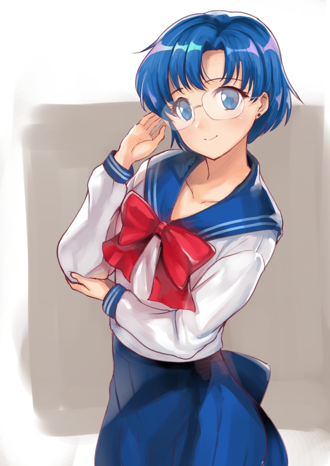 1girl adjusting_glasses bishoujo_senshi_sailor_moon blue_eyes blue_hair blue_skirt blush bow bowtie collarbone commentary_request cowboy_shot ear_piercing glasses juuban_middle_school_uniform long_sleeves looking_at_viewer mizuno_ami piercing red_bow red_bowtie rimless_glasses school_uniform serafuku shiba_nanasei short_hair skirt smile solo