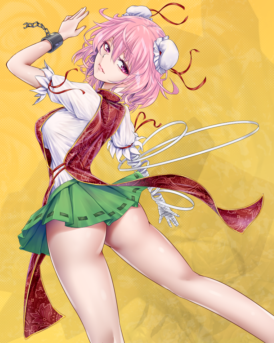 1girl amputee ass bandage bandaged_arm bangs bare_legs breasts bun_cover chains chinese_clothes closed_mouth cowboy_shot cuffs double_bun flower from_side hair_bun highres ibaraki_kasen large_breasts looking_at_viewer looking_to_the_side miniskirt no_panties pink_eyes pink_hair pink_rose rose shackles short_hair skirt solo tabard thighs touhou tsukidaruma