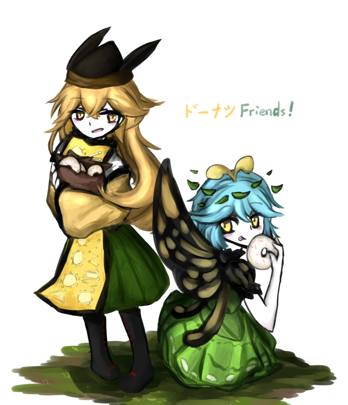 2girls antennae aqua_hair black_boots black_hat blonde_hair blush boots butterfly_wings commentary_request detached_sleeves doughnut dress english eternity_larva food green_dress green_skirt hat highres holding leaf leaf_on_head long_hair long_sleeves matara_okina multiple_girls open_mouth puffy_short_sleeves puffy_sleeves short_hair short_sleeves sitting skirt skyw sprinkles standing tabard tongue tongue_out touhou white_background wide_sleeves wings yellow_eyes
