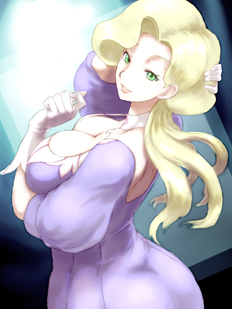 1girl blonde_hair breasts dress gloves green_eyes kous_(onetwojustice) large_breasts long_hair looking_back parted_lips pokemon prim_(pokemon) purple_dress solo white_choker white_gloves