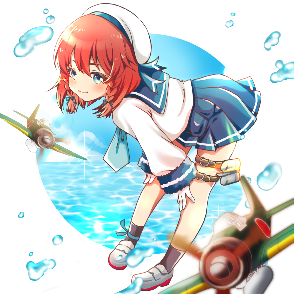 1girl aircraft airplane black_legwear blue_eyes blue_ribbon blue_skirt blush braid closed_mouth etorofu_(kantai_collection) hair_ribbon kantai_collection long_sleeves looking_at_viewer redhead ribbon sheepd short_hair skirt smile solo twin_braids