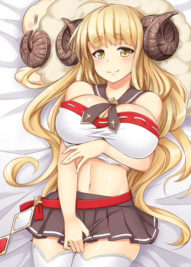 1girl =_= ahoge anila_(granblue_fantasy) bandeau black_skirt blonde_hair blush blush_stickers breasts closed_mouth commentary_request covering covering_crotch cowboy_shot detached_collar doraf erect_nipples eyebrows eyebrows_visible_through_hair granblue_fantasy head_tilt horns large_breasts long_hair looking_at_viewer lying midriff navel on_back pleated_skirt sailor_collar sheep_horns skirt smile solo thick_eyebrows thigh-highs white_legwear yasojima_nejiro yellow_eyes