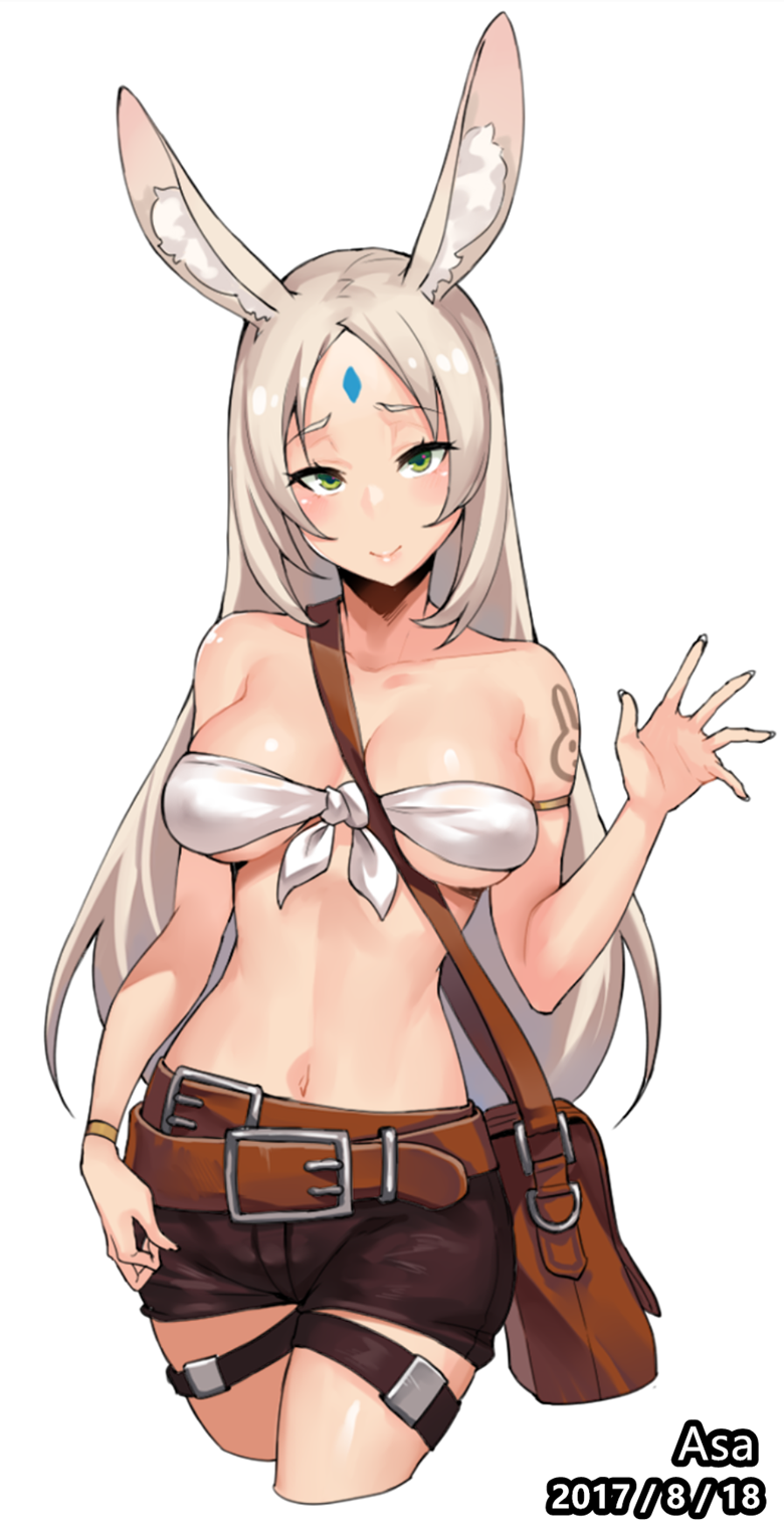 1girl animal_ears artist_name asa_(teng_zi) bandeau belt between_breasts black_shorts blush breasts closed_mouth cropped_legs dated front-tie_top green_eyes hand_up highres large_breasts long_hair looking_at_viewer original pouch rabbit_ears short_shorts shorts shoulder_tattoo silver_hair simple_background smile solo strap_cleavage tattoo white_background