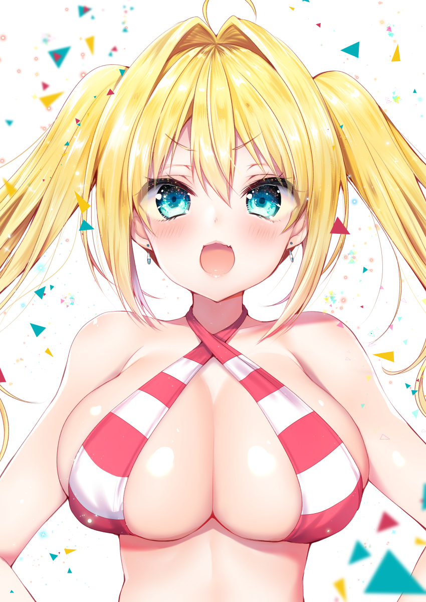 &gt;:o 1girl :o ahoge aqua_eyes ayuma_sayu bare_shoulders bikini blonde_hair blush breasts bursting_breasts cleavage confetti ear_piercing fate/grand_order fate_(series) hair_between_eyes hair_intakes highres large_breasts long_hair looking_at_viewer nero_claudius_(swimsuit_caster)_(fate) open_mouth piercing saber_extra solo striped striped_bikini swimsuit twintails upper_body white_background