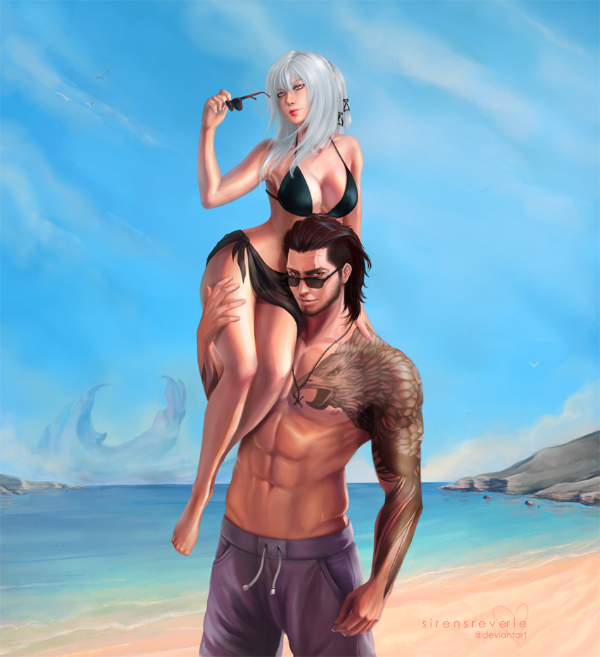 1boy 1girl abs aranea_highwind beach bikini carrying_over_shoulder final_fantasy final_fantasy_xv gladiolus_amicitia jewelry necklace scar shorts smile sunglasses sunglasses_removed swimsuit tattoo