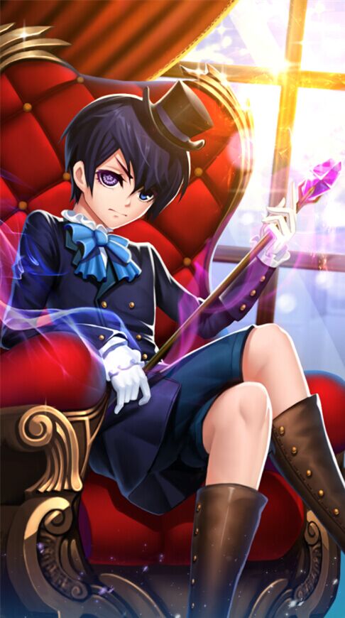 1boy black_hair blue_eyes boots ciel_phantomhive eyepatch gloves hat heterochromia kuroshitsuji legs_crossed male_focus qx-cg scepter solo violet_eyes white_gloves