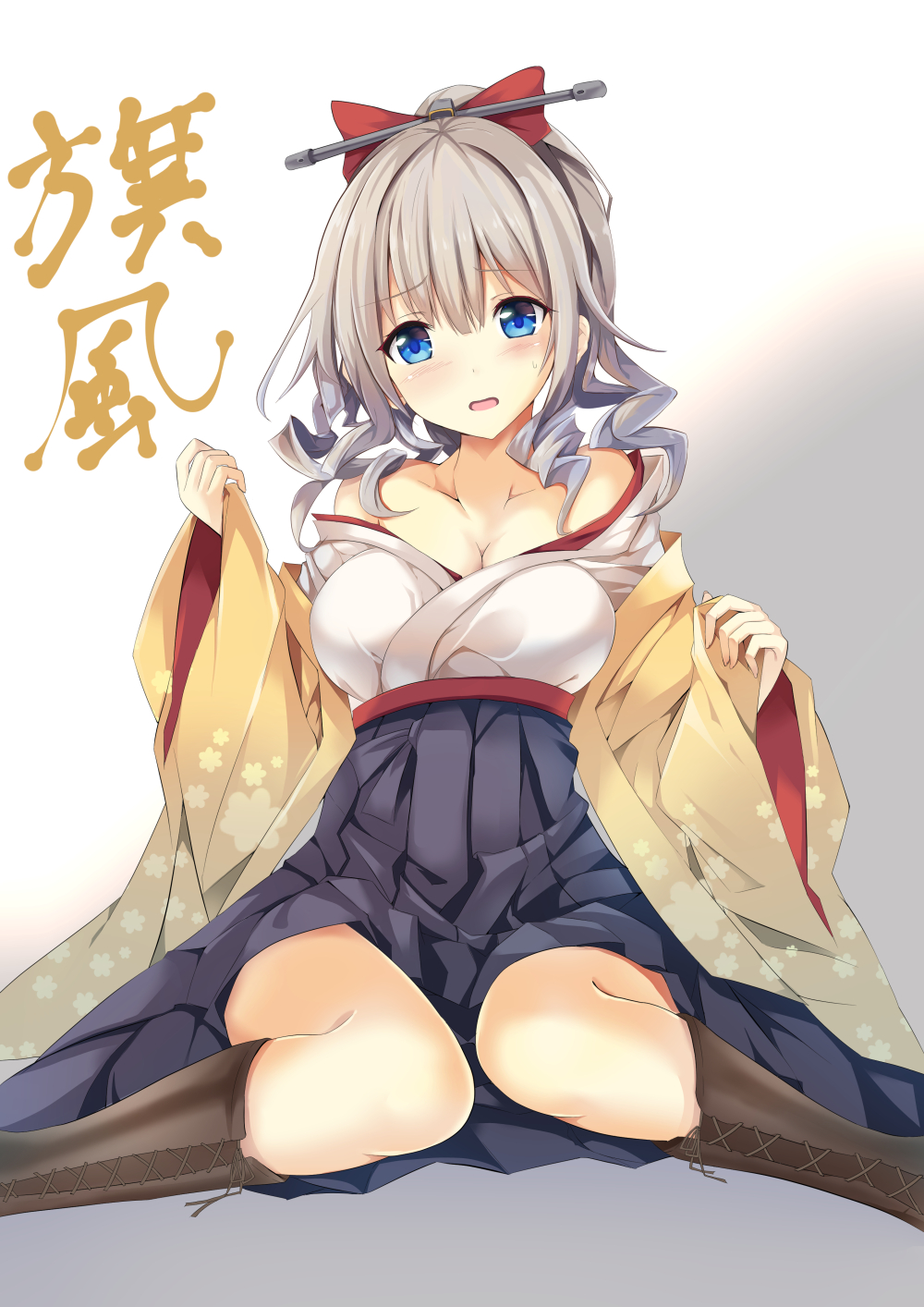 1girl bare_shoulders blue_eyes blue_hakama blue_skirt blush boots bow breasts brown_boots character_name cleavage collarbone gradient gradient_background grey_hair hair_bow hair_ornament hakama hakama_skirt hatakaze_(kantai_collection) highres japanese_clothes kantai_collection kimono long_hair looking_at_viewer medium_breasts meiji_schoolgirl_uniform open_clothes open_kimono open_mouth ponytail simple_background sitting skirt solo sumisuzu wariza wavy_hair wide_sleeves yellow_kimono