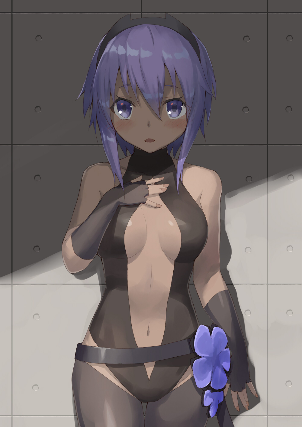 1girl assassin_(fate/prototype_fragments) bare_shoulders belt black_gloves blush breasts center_opening cowboy_shot dark_skin fate/grand_order fate/prototype fate/prototype:_fragments_of_blue_and_silver fate_(series) fingerless_gloves gloves hair_between_eyes hairband hand_on_own_chest highres jonsun leotard looking_at_viewer loose_belt medium_breasts nail_polish navel open_mouth purple_hair short_hair solo thigh-highs thigh_gap violet_eyes