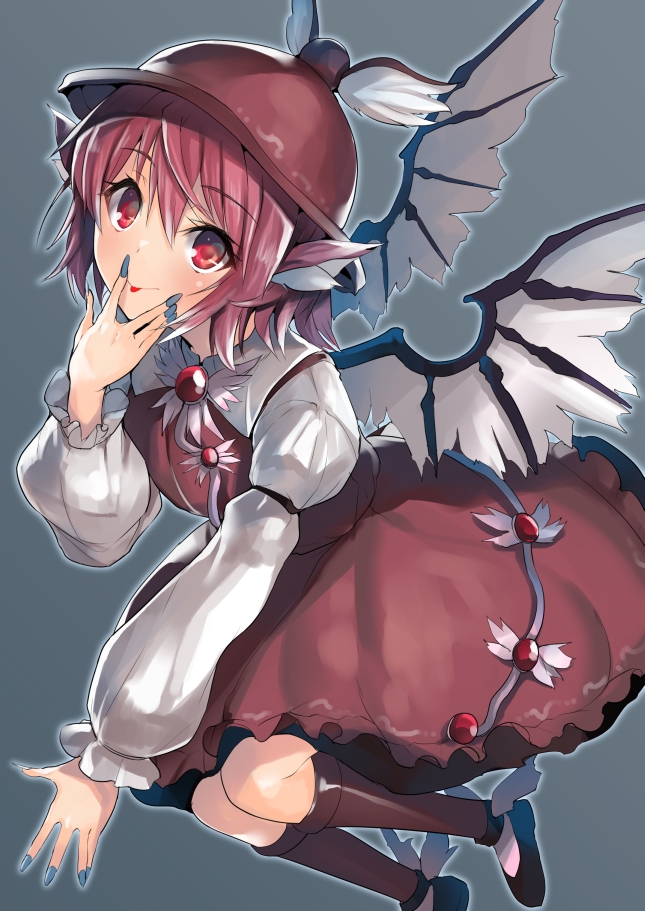 1girl :p animal_ears bangs bird_wings black_shoes blue_nails blush brown_legwear commentary dress fingernails hat juliet_sleeves long_fingernails long_sleeves looking_at_viewer mystia_lorelei nail_polish pink_dress pink_hair puffy_sleeves red_eyes shiba_nanasei shoes short_hair smile socks solo tongue tongue_out touhou wings