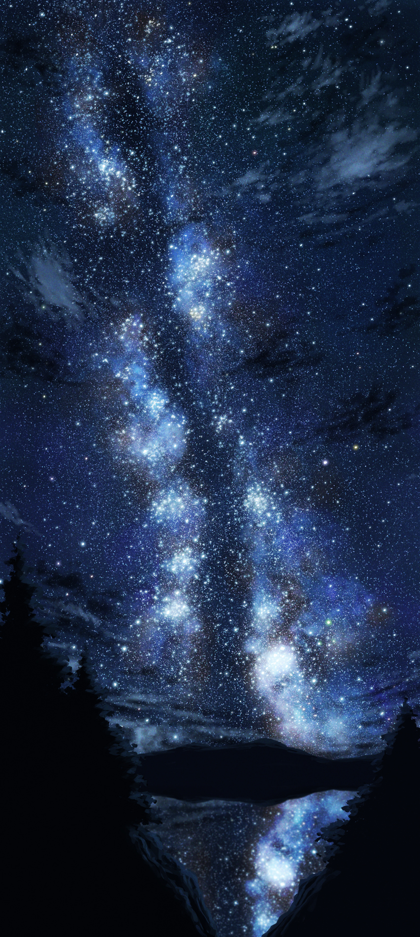 aoha_(twintail) clouds highres lake long_image mountain night night_sky no_humans outdoors reflection scenery sky star_(sky) starry_sky tall_image tree