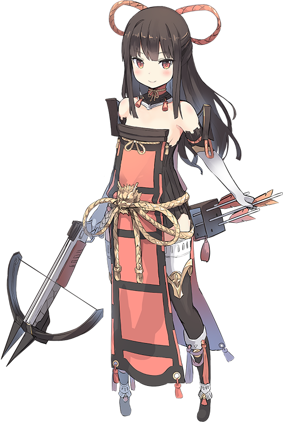 arrow bare_shoulders black_hair bowgun detached_sleeves elbow_gloves full_body gloves holding holding_weapon long_hair nanashina official_art oshiro_project oshiro_project_re quiver red_eyes sidelocks solo thigh-highs transparent_background uchi_(oshiro_project) weapon white_gloves