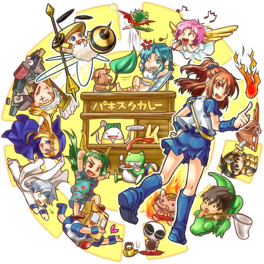 arle_nadja bag black_hair blonde_hair blue_clothes blue_eyes blue_hair blue_hat bone brown_eyes choppun compile_heart demon_wings donguri_gaeru_(puyopuyo) draco_centauros elephant eyeglasses fire green_eyes gunguniru harpy_(puyopuyo) hat honey_bee_(puyopuyo) horns hotpot kikimora_(puyopuyo kodomo_dragon_(puyopuyo) komodo_dragon lagnus_the_brave leaf_fan maid_cap microphone minotaur_(puyopuyo) nohoho_(puyopuyo) o_o open_mouth pakista_(puyopuyo) paper_bag pink_hair polearm puyo_(puyopuyo) puyopuyo rabbit red_clothes red_eyes rulue_(puyopuyo) satan_(puyopuyo) schezo_wegey skeleton_t spear suketoudara swimsuit tongue trash_can weapon wings witch_(puyopuyo) x_x zoh_daimaoh