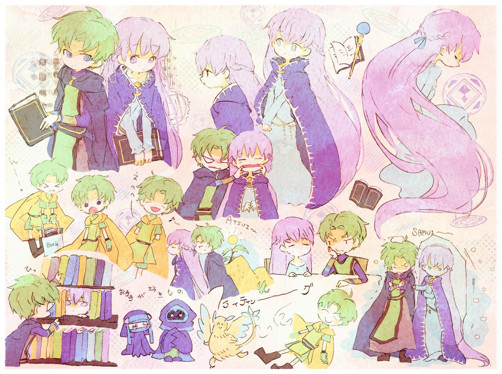 1girl 2boys ^_^ ^o^ angry belt blue_eyes book bookshelf boots braid chibi cloak closed_eyes dragon fa fire_emblem fire_emblem:_fuuin_no_tsurugi frown green_hair hands_together kappaman laughing lavender_eyes lavender_hair lleu_(fire_emblem) long_hair looking_at_another lugh_(fire_emblem) mouth_pull multiple_boys musical_note open_mouth robe romaji short_hair snow sofiya spiky_hair staff surprised tabard trembling very_long_hair