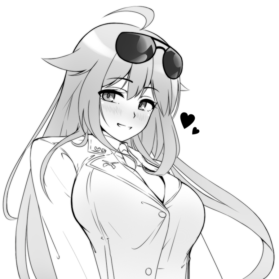1girl ahoge aviator_sunglasses blush breasts gayprince_no.2 girls_frontline greyscale grin hair_flaps heart large_breasts looking_at_viewer m1918_bar_(girls_frontline) military military_uniform monochrome necktie nose_blush smile solo sunglasses sunglasses_on_head uniform upper_body white_background