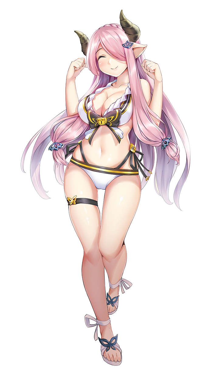 1girl bikini blush braid breasts clenched_hands closed_eyes closed_mouth collarbone commentary_request doraf full_body granblue_fantasy hair_ornament hair_over_one_eye head_tilt highres horns kuro_emimi large_breasts lavender_hair leg_up long_hair narumeia_(granblue_fantasy) navel pointy_ears sandals simple_background smile solo swimsuit thigh_strap white_background white_bikini