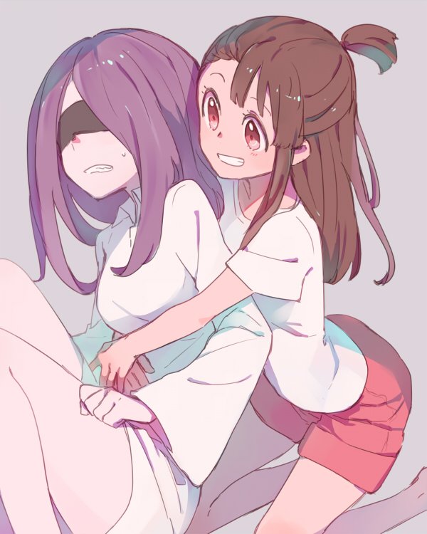 2girls blindfold dress hair_over_one_eye hug kagari_atsuko little_witch_academia long_hair multiple_girls open_mouth pale_skin pink_hair purple_hair red_eyes short_hair simple_background smile sou_(tuhut) sucy_manbavaran witch yuri