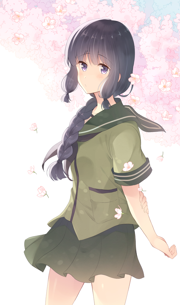 1girl black_eyes black_hair braid cherry_blossoms green_sailor_collar green_skirt kantai_collection kitakami_(kantai_collection) komi_zumiko long_hair pleated_skirt sailor_collar school_uniform serafuku short_sleeves single_braid skirt solo