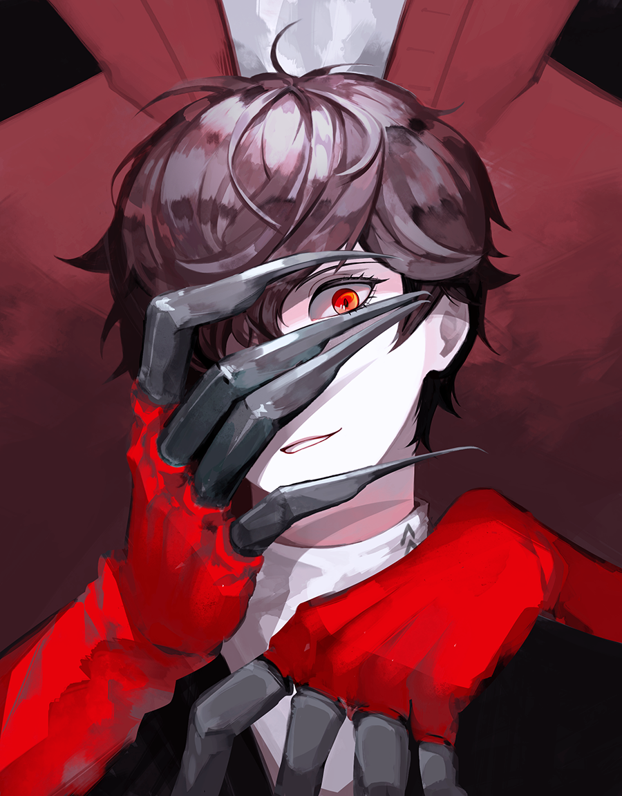 arsene_(persona_5) black_hair claws hand_on_another's_face kurusu_akira looking_at_viewer male_focus no_glasses persona persona_5 red_eyes smile totu