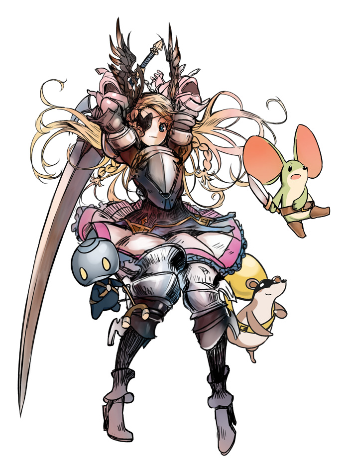 animal armor belt blonde_hair blue_eyes boots braid breastplate character_request copyright_request eyepatch feathers gauntlets helmet high_heel_boots high_heels long_hair mins_(minevi) mouse sack skirt sword tagme weapon white_background