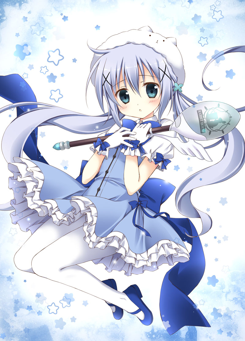 1girl adapted_costume animal_hat bangs blue_bow blue_bowtie blue_dress blue_eyes blue_shoes blush bow bowtie bunny_hat character_hat collared_shirt commentary_request dress eyebrows_visible_through_hair flat_chest frilled_dress frills full_body gloves gochuumon_wa_usagi_desu_ka? hair_between_eyes hair_ornament hairclip hat holding holding_staff jumping kafuu_chino korie_riko light_blue_hair long_hair looking_at_viewer magical_girl mary_janes pantyhose parted_lips puffy_short_sleeves puffy_sleeves shirt shoes short_sleeves sidelocks solo spoon staff star tippy_(gochiusa) twintails two-tone_background undershirt very_long_hair white_gloves white_hat white_legwear white_shirt wing_collar x_hair_ornament