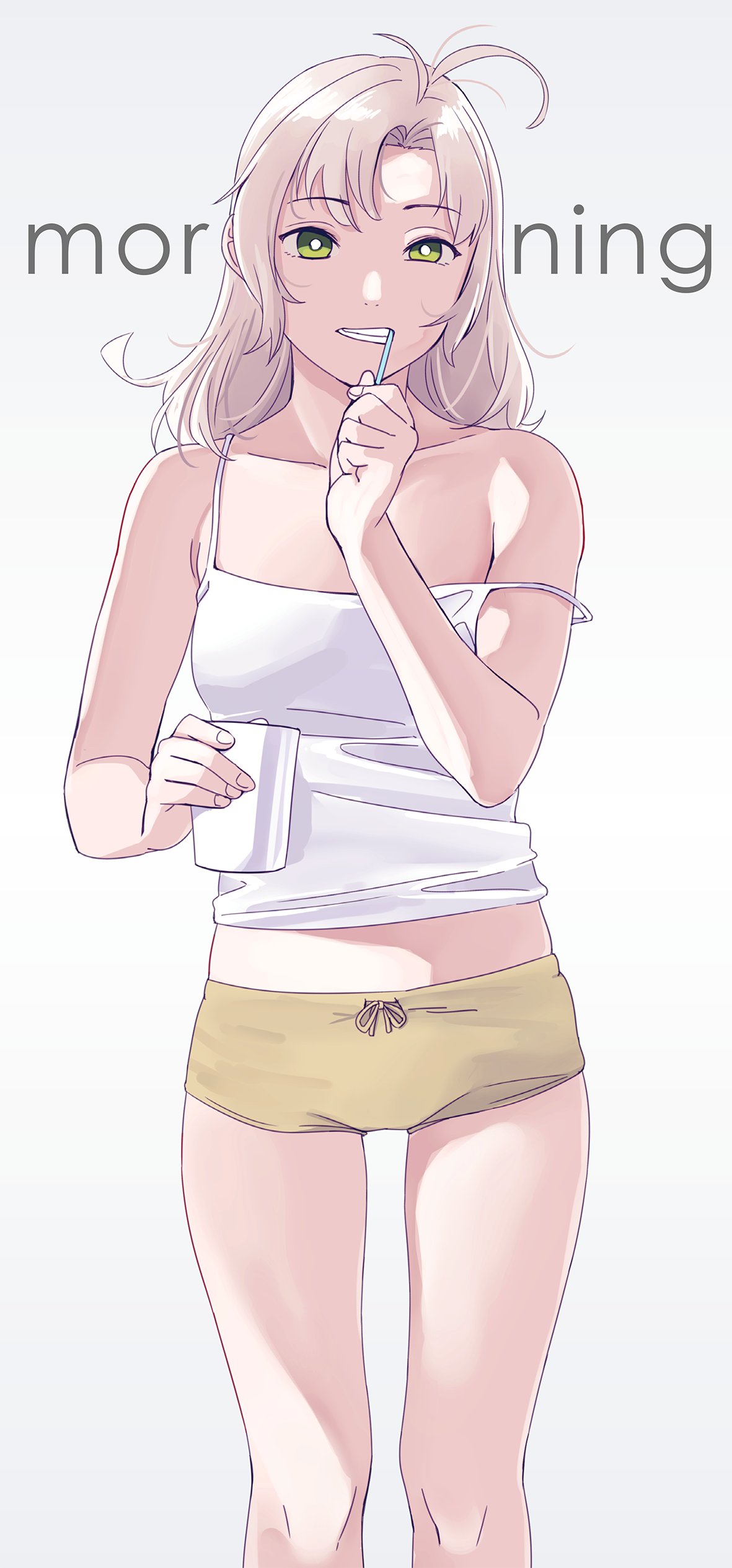 1girl absurdres alternate_costume background_text beige_shorts camisole casual cowboy_shot glass grey_background grey_hair highres kantai_collection kinugasa_(kantai_collection) long_hair looking_at_viewer medium_hair ojipon one_side_up parted_lips remodel_(kantai_collection) short_shorts short_twintails shorts simple_background solo standing strap_slip toothbrush toothbrush_in_mouth twintails