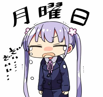 1girl chibi closed_eyes crying flower hair_flower hair_ornament kanikama long_hair lowres new_game! open_mouth purple_hair ribbon solo suzukaze_aoba translated twintails uniform white_background
