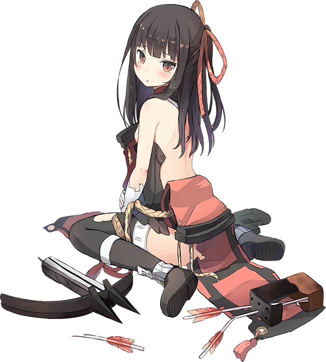 arrow back black_hair bowgun breasts broken broken_weapon full_body long_hair nanashina official_art oshiro_project oshiro_project_re quiver red_eyes sideboob sidelocks sitting solo thigh-highs torn_clothes transparent_background uchi_(oshiro_project) weapon