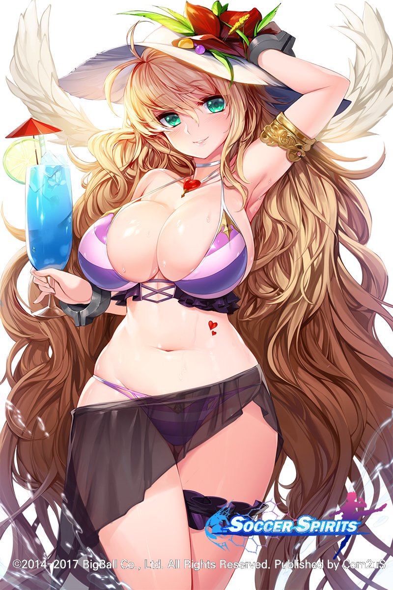 1girl adjusting_clothes adjusting_hat arm_up armlet armpits bikini blonde_hair blush breasts choker cowboy_shot cuffs cup drinking_glass flower green_eyes halter_top halterneck hat hat_flower heart_pendant highres jewelry large_breasts long_hair looking_at_viewer navel official_art parted_lips pendant sarong shackles smile snowball22 soccer_spirits solo stomach striped striped_bikini sun_hat sweat swimsuit very_long_hair wavy_hair