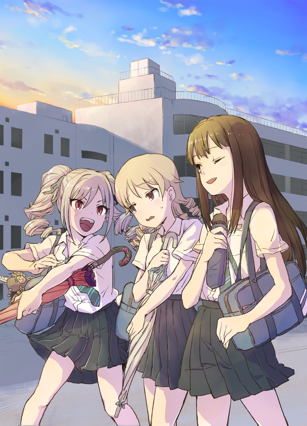 3girls blonde_hair blush brown_eyes brown_hair drill_hair green_eyes highres idolmaster idolmaster_cinderella_girls kanzaki_ranko morikubo_nono multiple_girls nametake necktie one_eye_closed open_mouth red_eyes school_uniform shibuya_rin short_hair silver_hair sketch twintails umbrella