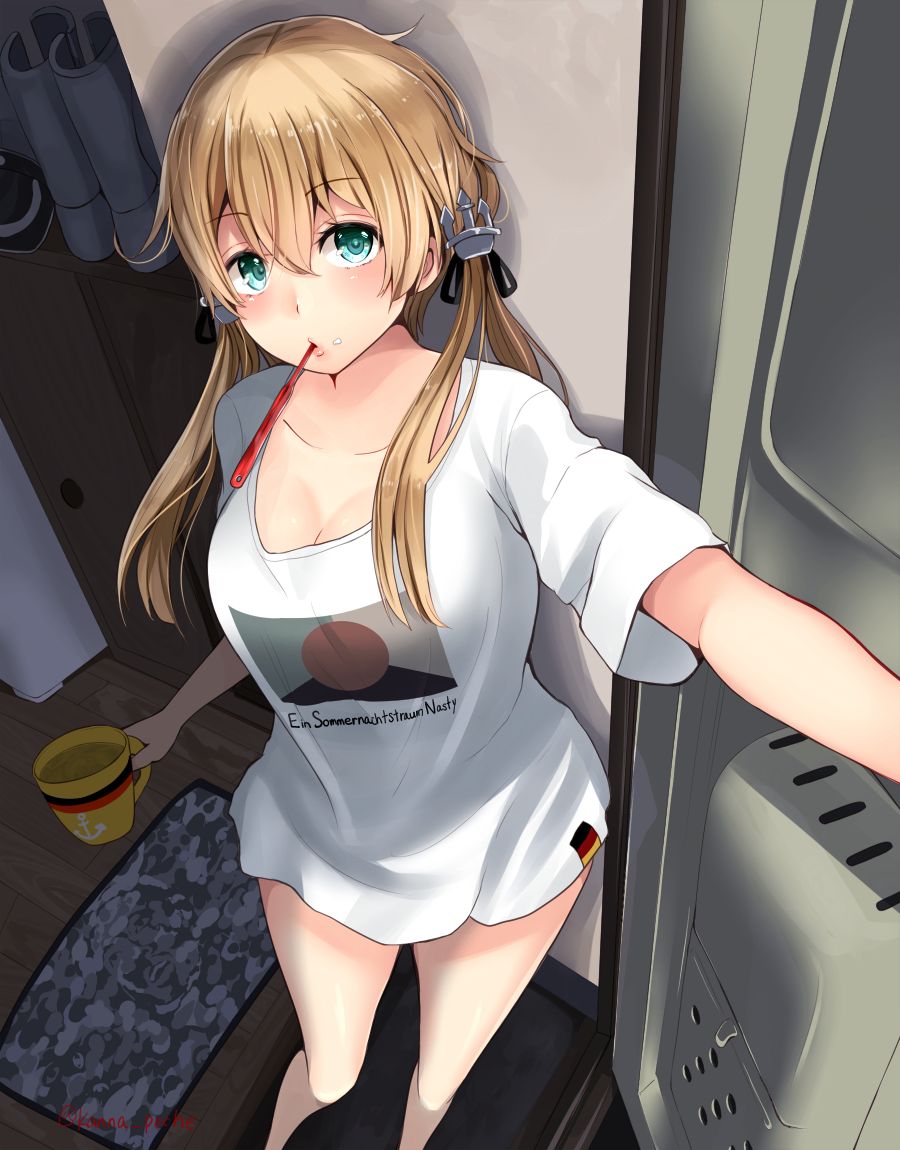 1girl anchor_hair_ornament anchor_symbol blonde_hair blue_eyes blush breasts cleavage collarbone collarless_shirt cup doorway eyebrows_visible_through_hair flag_print german_flag hair_between_eyes hair_ornament holding holding_cup indoors kantai_collection large_breasts lips long_hair looking_at_viewer looking_up messy_hair mug narushima_kanna opening_door prinz_eugen_(kantai_collection) shadow shirt short_sleeves solo t-shirt toothbrush_in_mouth twintails twitter_username when_you_see_it white_shirt