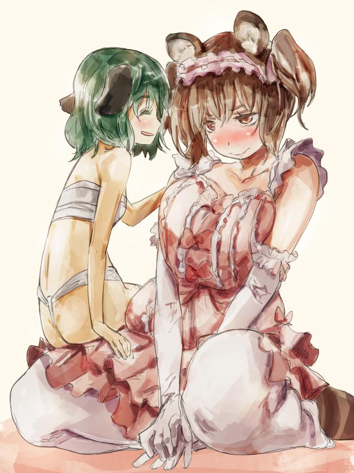 2girls alternate_costume alternate_hairstyle animal_ears blush breasts brown_eyes brown_hair fundoshi futatsuiwa_mamizou gloves japanese_clothes kasodani_kyouko large_breasts multiple_girls raccoon_ears sarashi touhou twintails yohane yuri