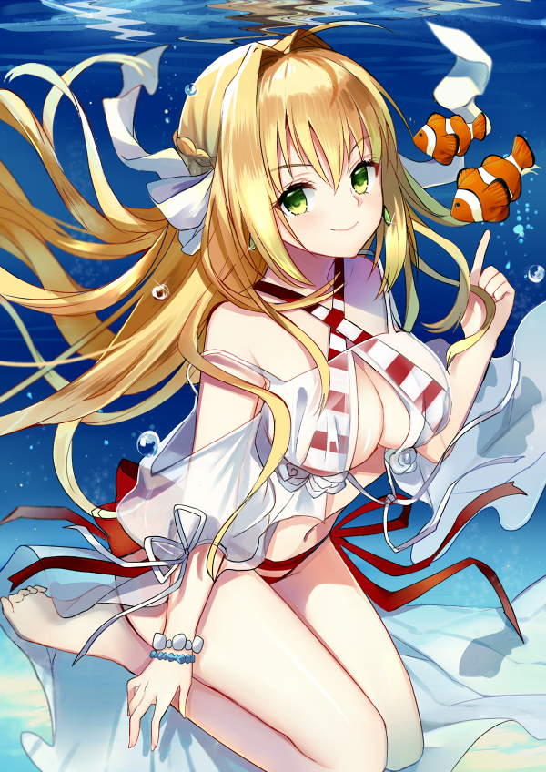 1girl :d ahoge air_bubble arm_at_side bangs bare_shoulders barefoot beach bikini blonde_hair braid breasts bubble cleavage closed_mouth commentary_request cowboy_shot criss-cross_halter day dress earrings eyebrows_visible_through_hair fate/grand_order fate_(series) fingernails fish floating_hair french_braid gown green_eyes groin hair_bun hair_intakes hair_ornament halter_top halterneck hand_up index_finger_raised jewelry knees_up large_breasts long_fingernails long_hair looking_at_viewer medium_breasts navel nero_claudius_(swimsuit_caster)_(fate) off_shoulder open_mouth pointing red_bikini ry_thae saber_extra seize short_sleeves shoulder_cutout side-tie_bikini sidelocks smile solo strap_slip striped striped_bikini swimsuit twintails underwater very_long_hair water white_bikini