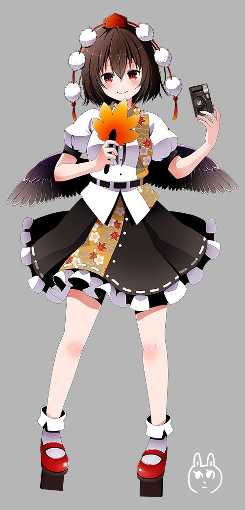 1girl bangs black_wings blush brown_hair camera closed_mouth eyebrows_visible_through_hair full_body grey_background hair_between_eyes hat hauchiwa holding holding_camera looking_at_viewer orange_eyes pom_pom_(clothes) puffy_short_sleeves puffy_sleeves shameimaru_aya short_hair short_sleeves signature simple_background skirt smile socks solo standing tokin_hat touhou white_legwear wings yuuka_nonoko