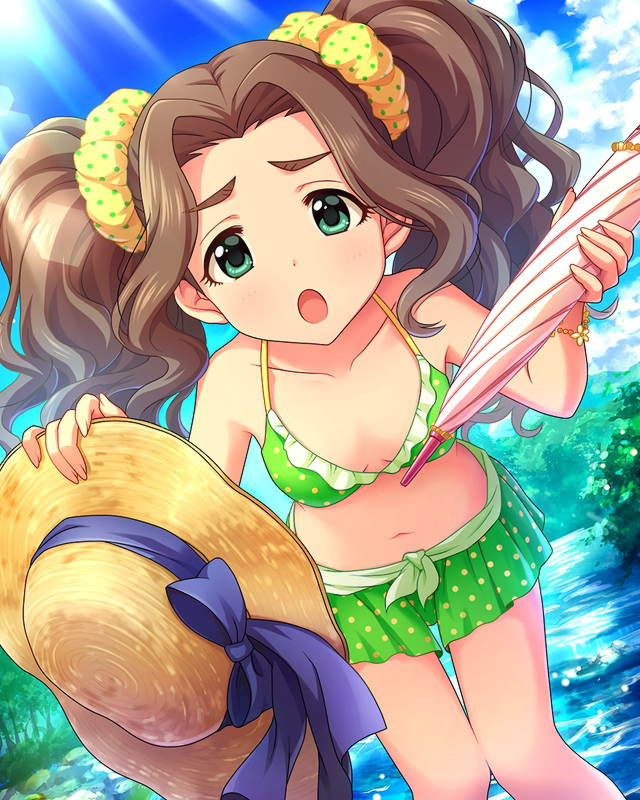 10s 1girl artist_request bikini bracelet breasts brown_hair green_bikini green_eyes hair_ornament hair_scrunchie idolmaster idolmaster_cinderella_girls jewelry kusakabe_wakaba official_art polka_dot polka_dot_bikini scrunchie small_breasts swimsuit tree twintails wavy_hair