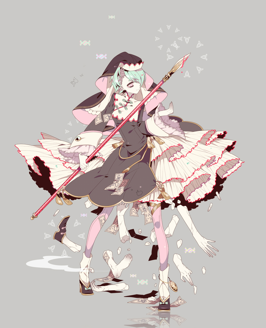 1girl ambiguous_red_liquid anklet aqua_hair bangs black_shoes bow broken candy chinese_clothes closed_mouth dress food frilled_sleeves frills full_body grey_background habit hair_over_one_eye high_heels holding holding_spear holding_weapon jewelry layered_dress legs_apart long_sleeves looking_away nun ofuda pendant pink_eyes pink_legwear pixiv_fantasia pixiv_fantasia_fallen_kings polearm reflection shikimi_(yurakuru) shoe_bow shoes short_hair simple_background smile socks_over_thighhighs solo spear standing tassel thigh-highs weapon wide_sleeves